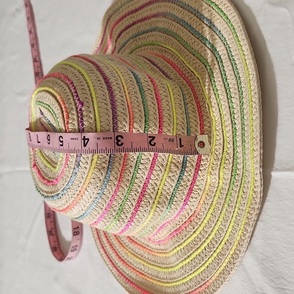 Summer Ladies Sun Beach Paper Straw Neon Stripe Hat Floppy Foldable Med Brim - Picture 10 of 12